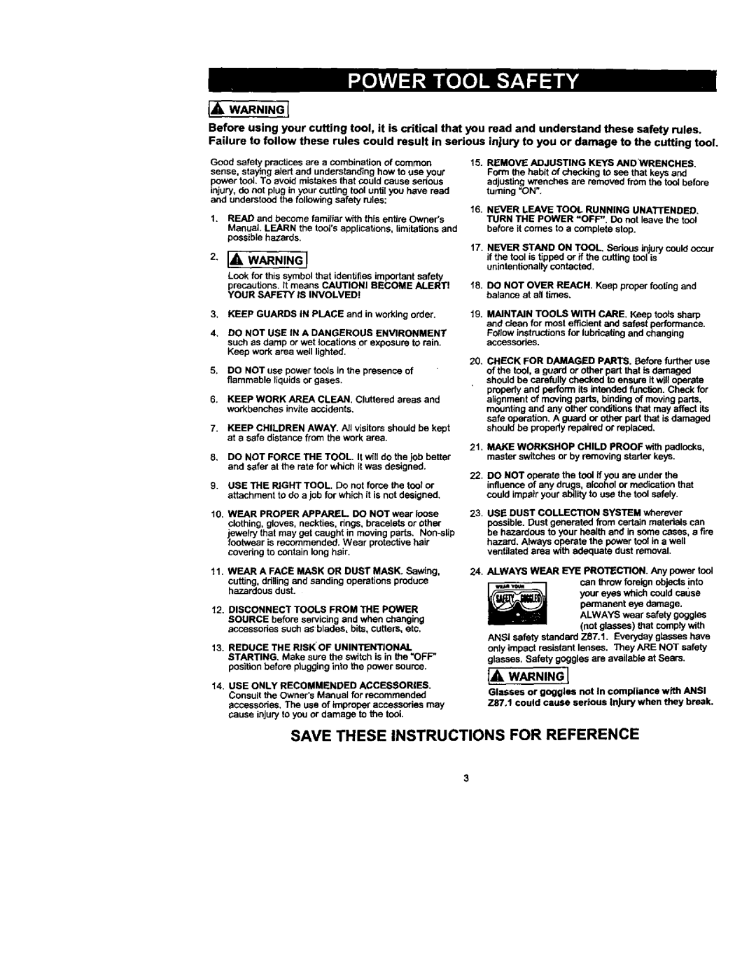 Craftsman 183.17253 owner manual Do not USE in a Dangerous Environment, Remove Adjusting Keys Andwrenches 