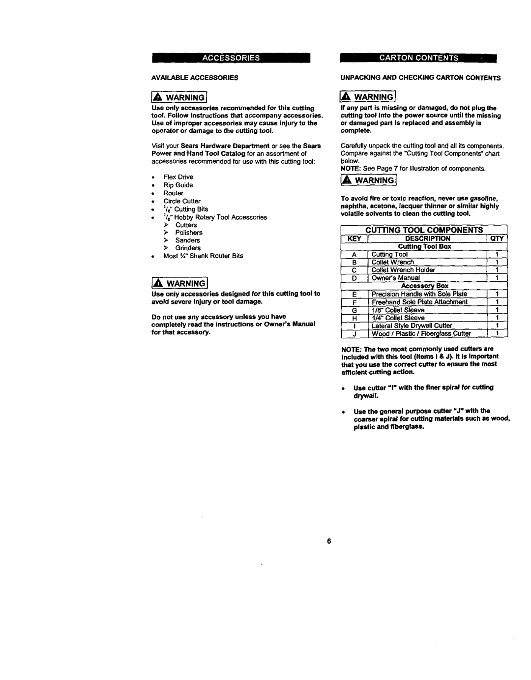 Craftsman 183.17253 owner manual CuTrlNG, DESCRIPflON, Use cutter =1with the finer spiral for cutting drywall 