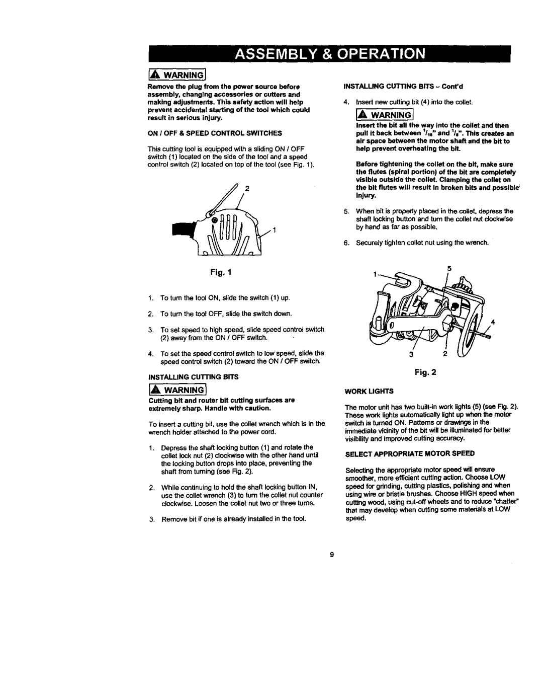 Craftsman 183.17253 owner manual Awayfromthe on / OFF switch, OH I OFF & Speed Control Switches, IA Warning, Work Lights 