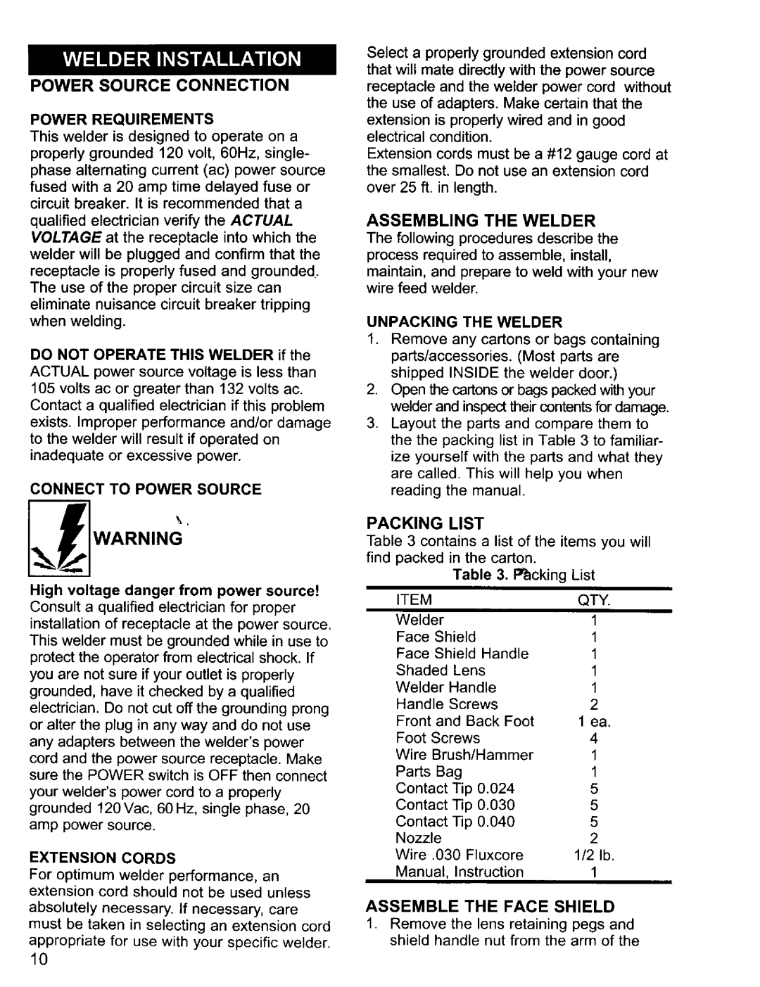 Craftsman 196.20569 owner manual Power Source Connection, Packing List 