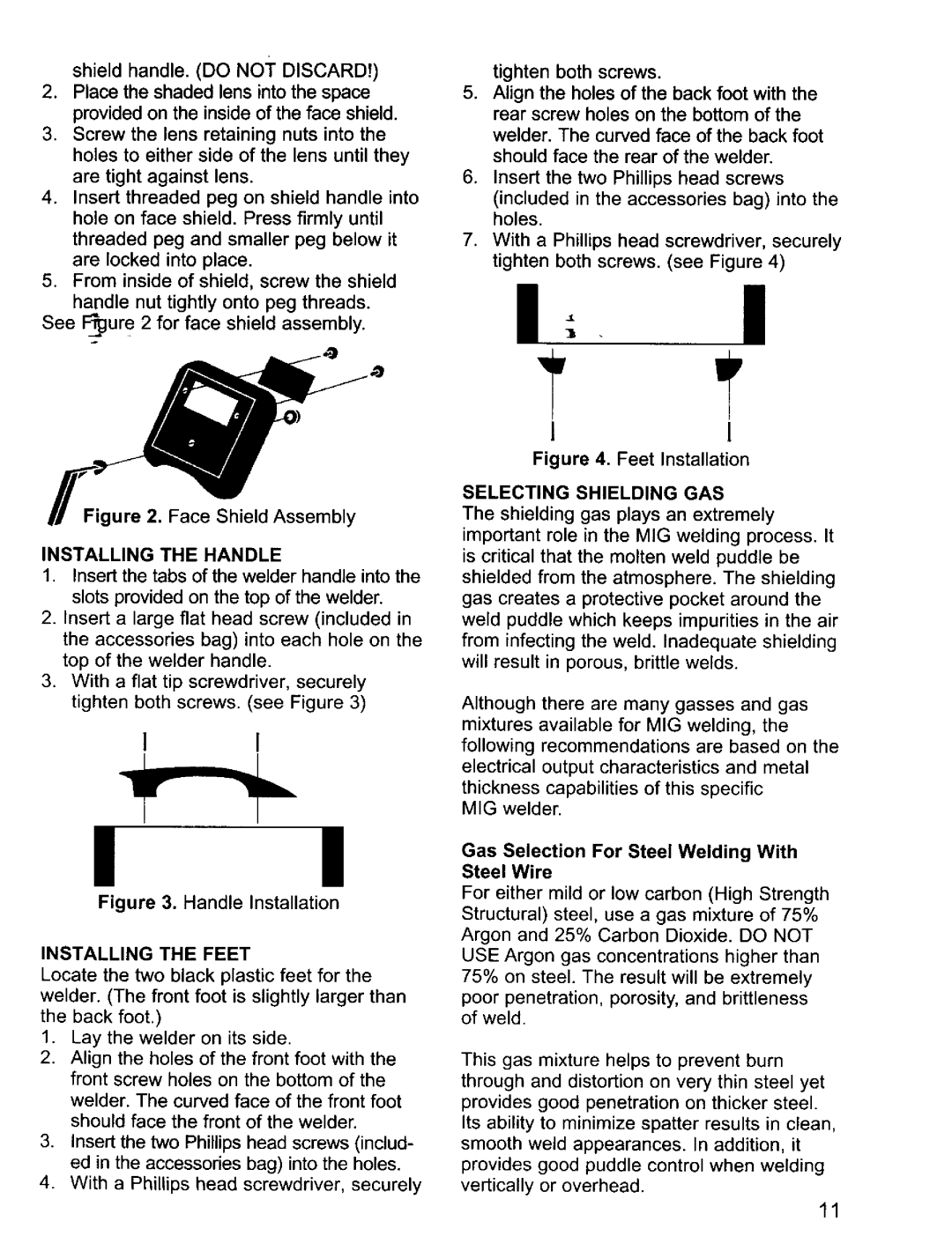 Craftsman 196.20569 owner manual Installing the Handle, Installing the Feet, Selecting Shielding GAS 