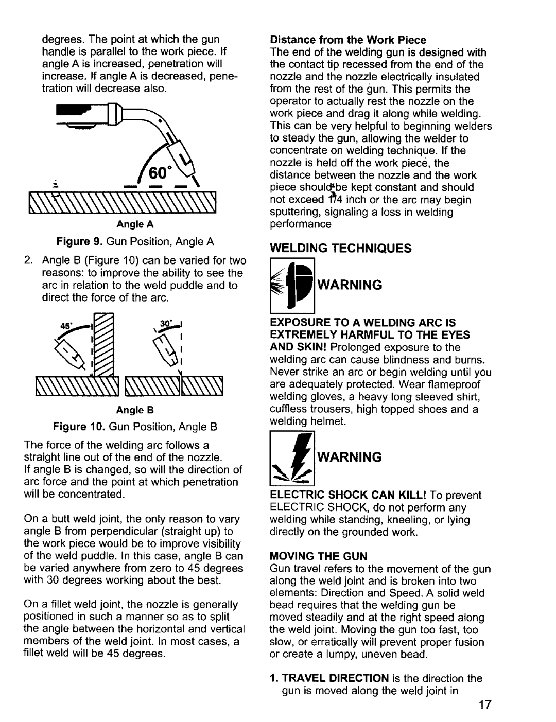 Craftsman 196.20569 owner manual Welding Techniques, Angle a, Angle B, Distance from the Work Piece, Moving the GUN 