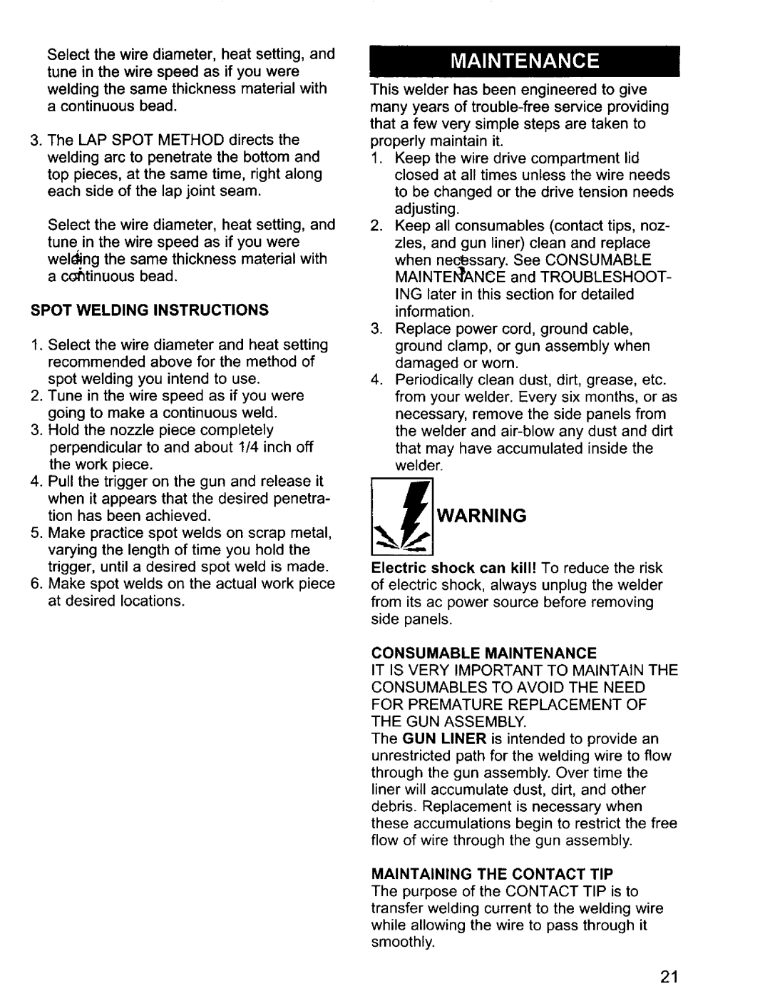 Craftsman 196.20569 Spot Welding Instructions, Electric shock can kill! To reduce the risk, Consumable Maintenance 