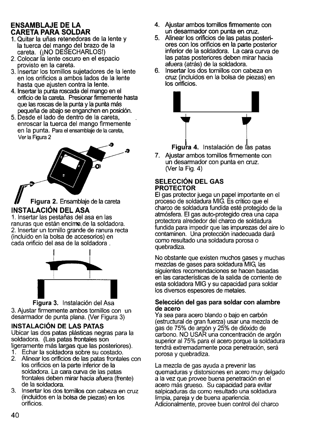 Craftsman 196.20569 owner manual Ensamblaje DE LA Careta Para Soldar, Instalacicn DEL ASA, Instalaciin DE LAS Patas 