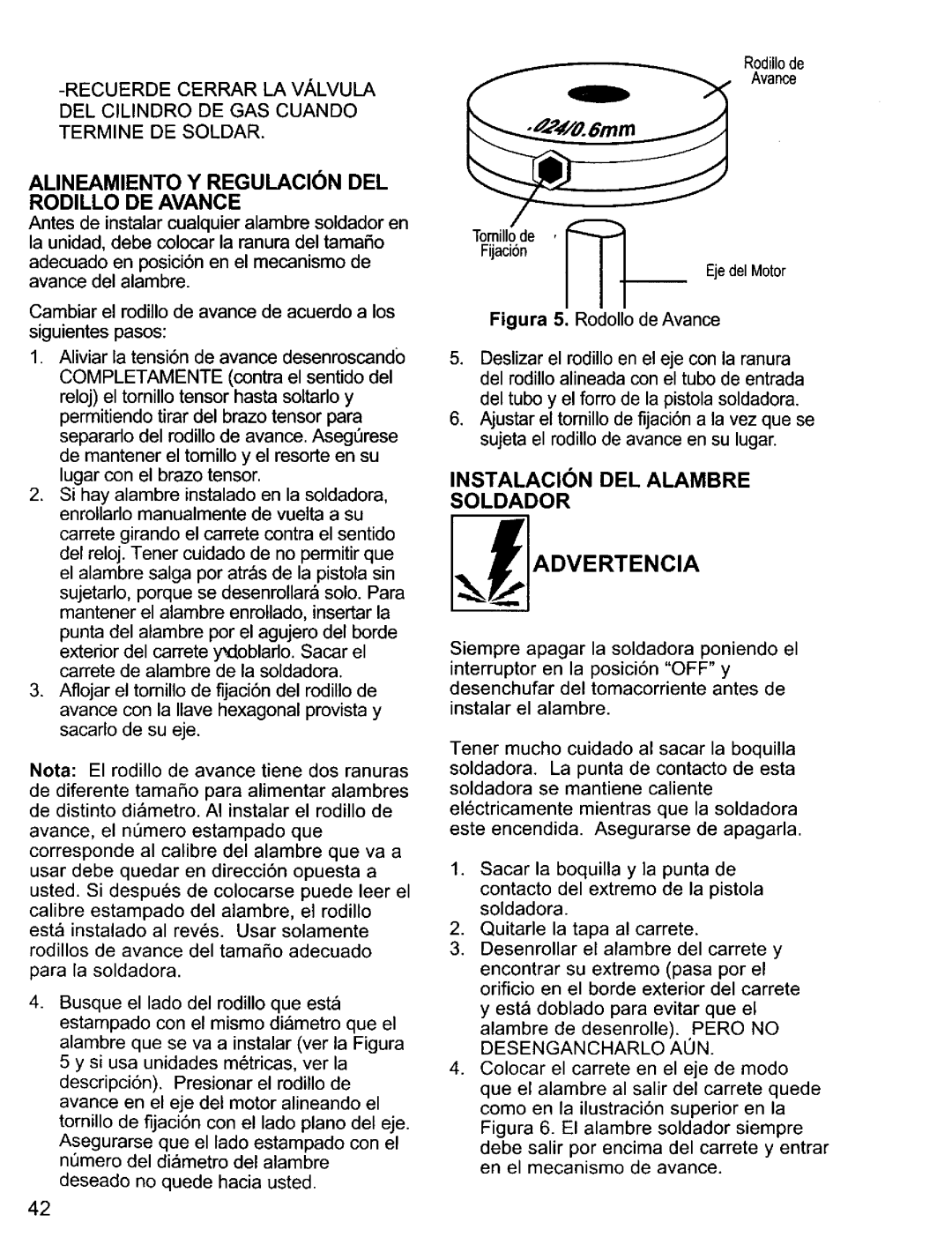 Craftsman 196.20569 Instalacion DEL Alambre Soldador, Alineamiento Y Regulacin DEL Rodillo DE Avance, Desengancharlo AUN 