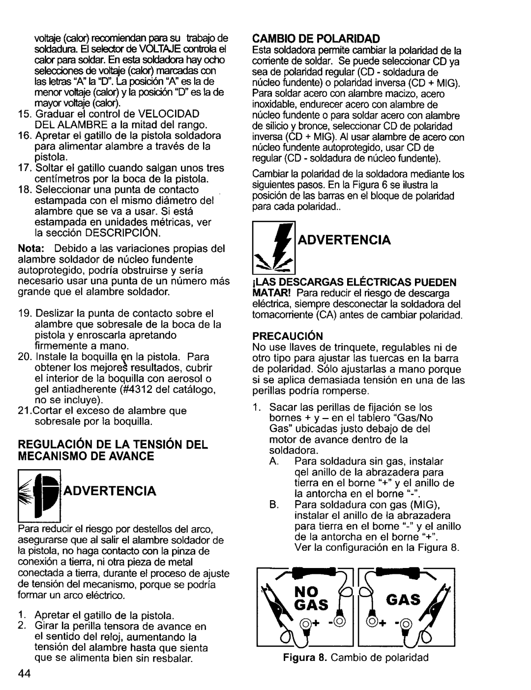 Craftsman 196.20569 owner manual Regulacion DE LA Tensin DEL Mecanismo DE Avance, Cambio DE Polaridad, Precaucin 