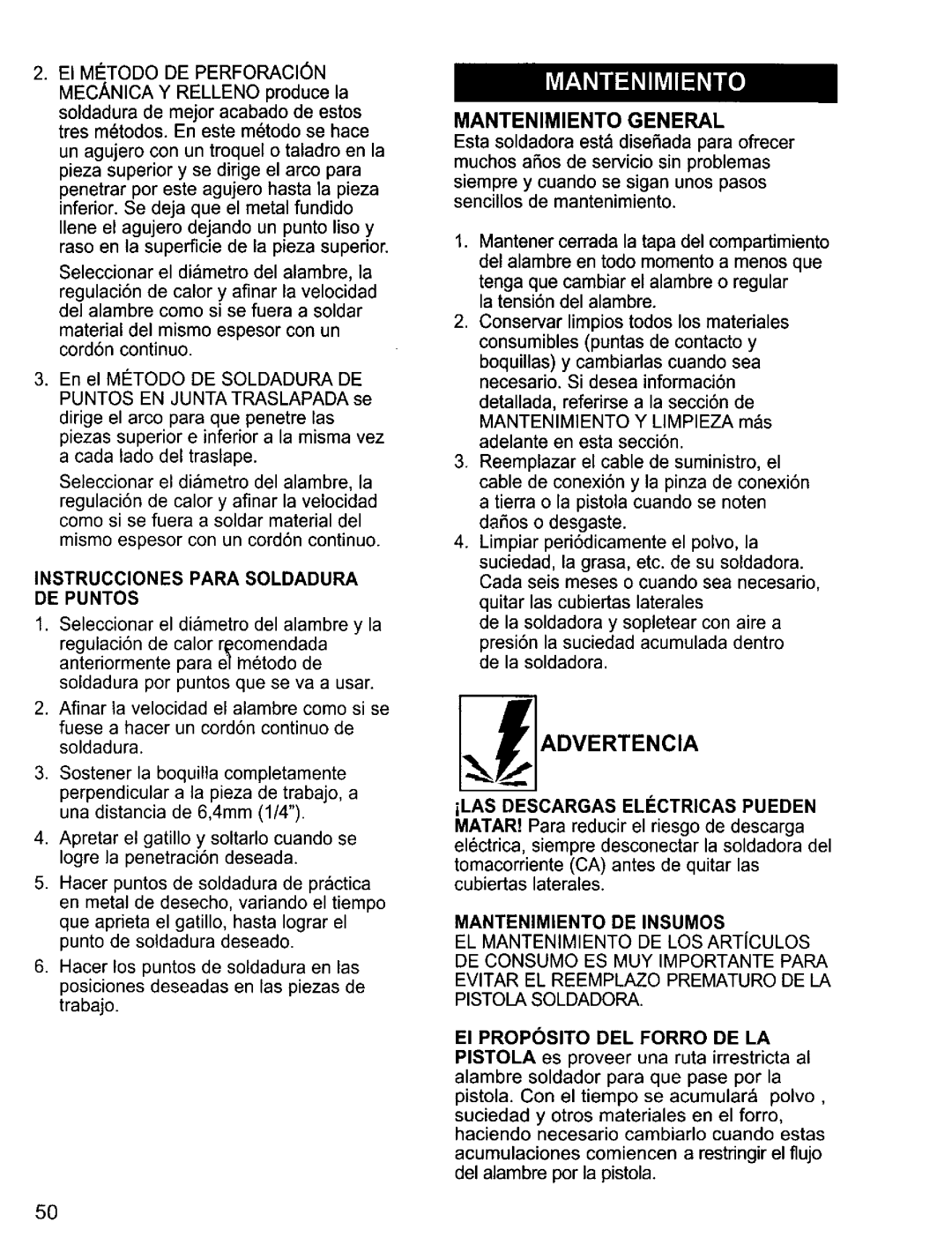 Craftsman 196.20569 Instrucciones Para Soldadura DE Puntos, Mantenimiento General, ILAS Descargas Electricas Pueden 