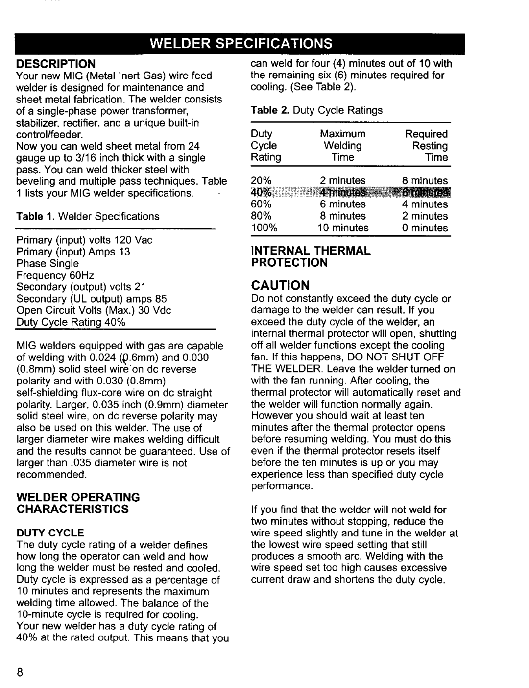 Craftsman 196.20569 owner manual Welder Operating, Internal Thermal Protection, Description, Duty Cycle 