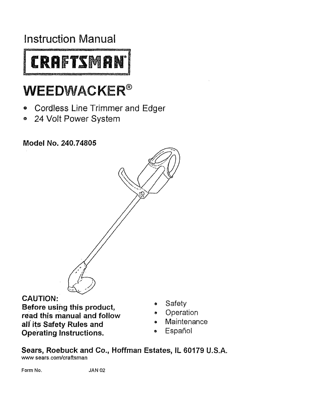 Craftsman 240.74805 instruction manual Edwacke, Model No, Before using, this product, Operation, allits Safety 