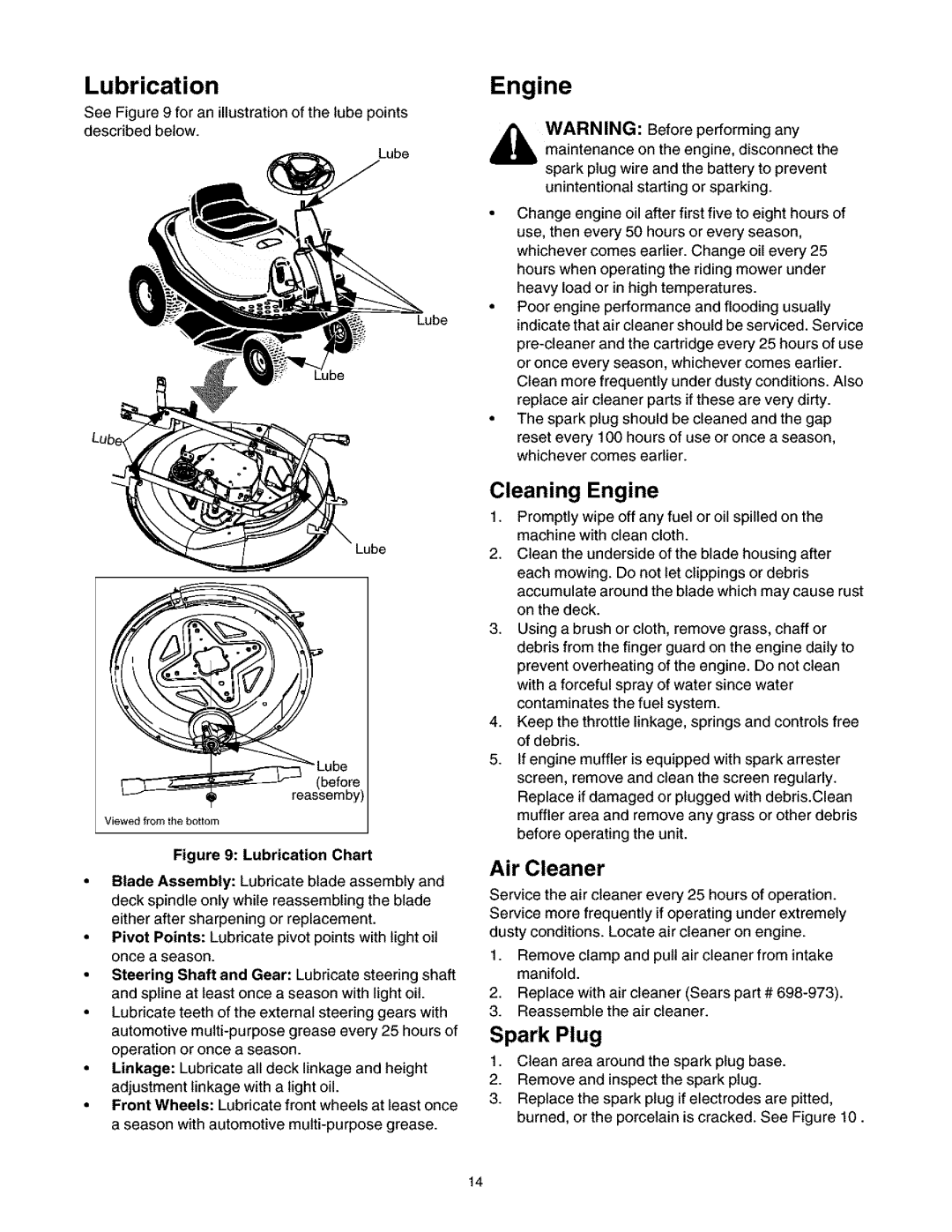 Craftsman 247.27022 manual Lubrication, Engine, Air Cleaner, Spark Plug 