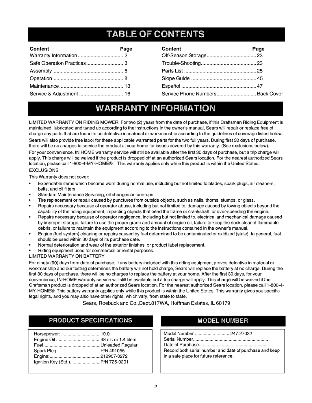 Craftsman 247.27022 manual Content, Exclusions 