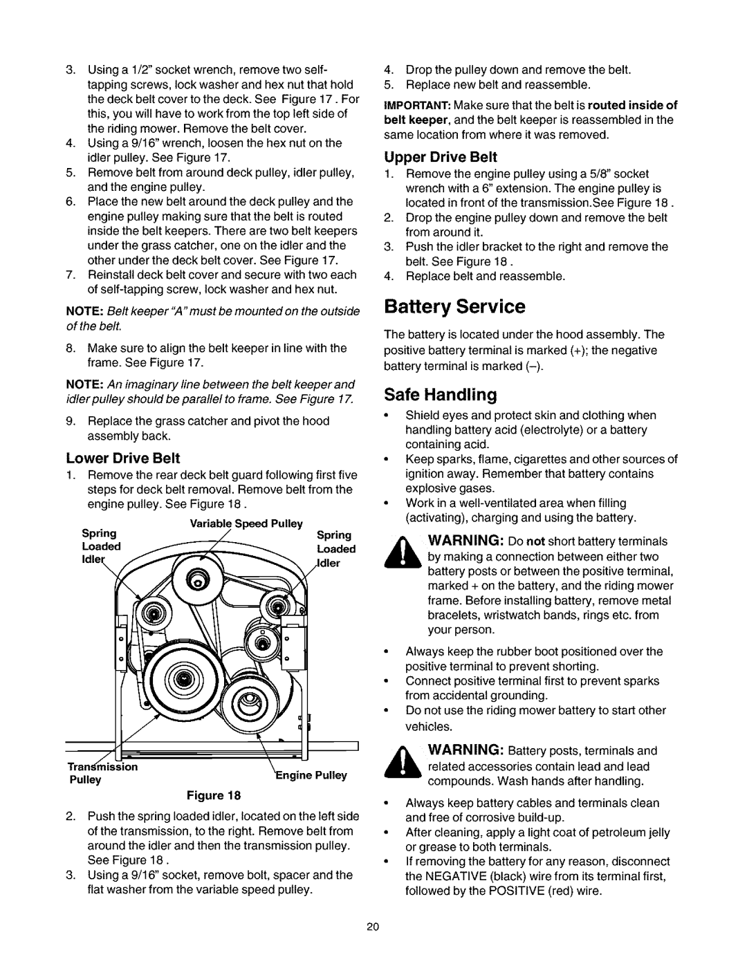 Craftsman 247.27022 manual Battery Service, Safe Handling, Lower Drive Belt, Pulley, Upper Drive Belt 