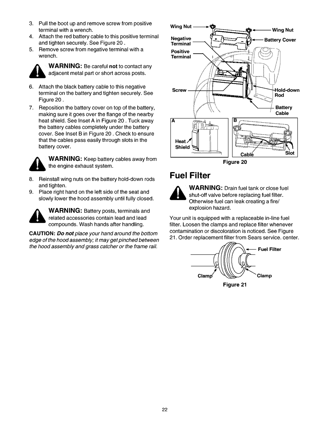 Craftsman 247.27022 manual Fuel Filter, ClamClamp, Wing Nut -b Negative Terminal Positive, Cable 