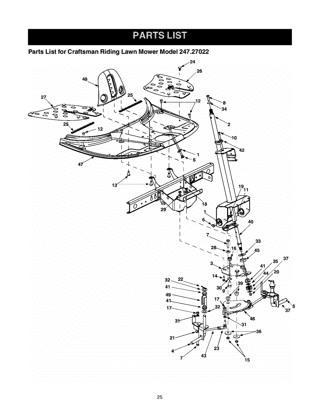 Craftsman 247.27022 manual Parts List for Craftsman Riding Lawn Mower Model 