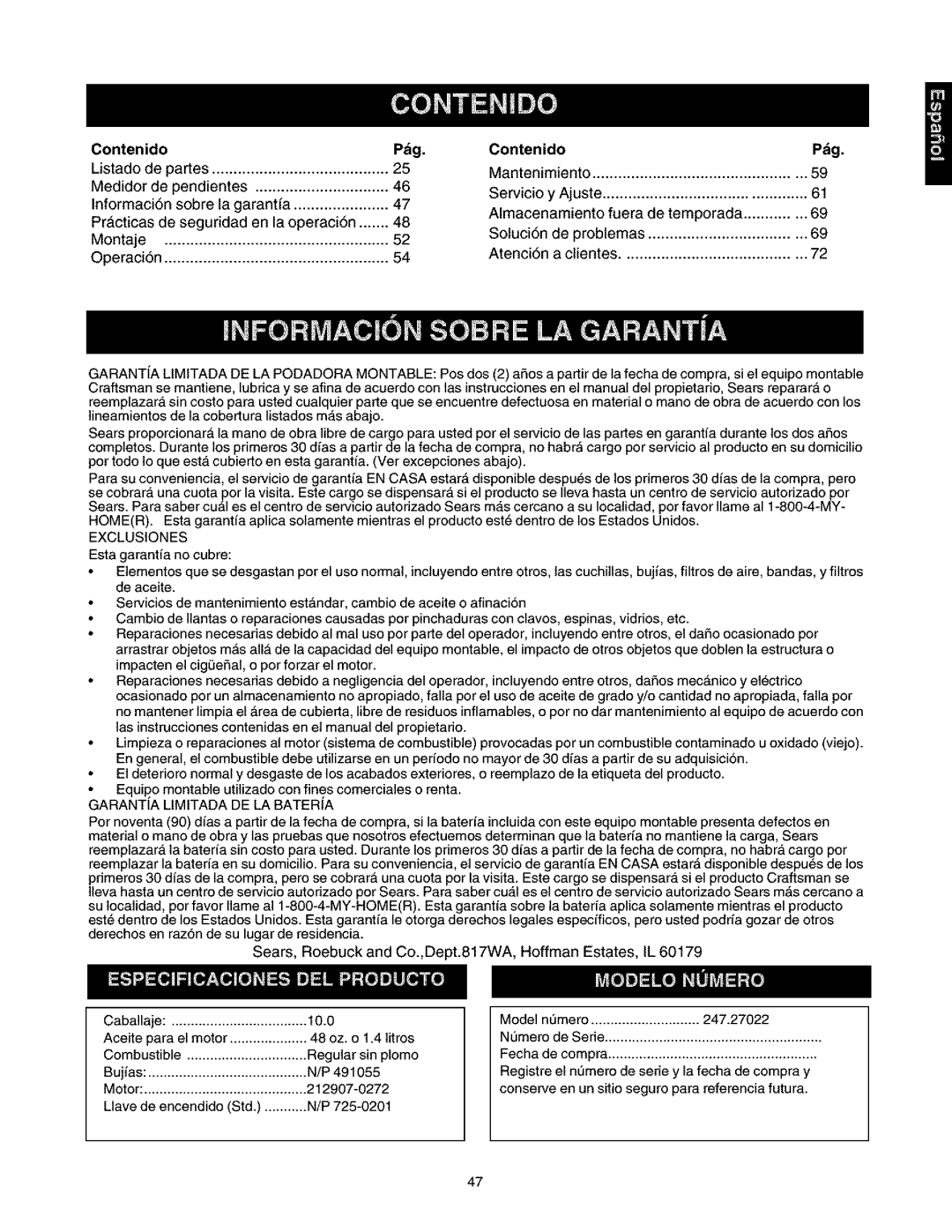 Craftsman 247.27022 manual Exclusiones 