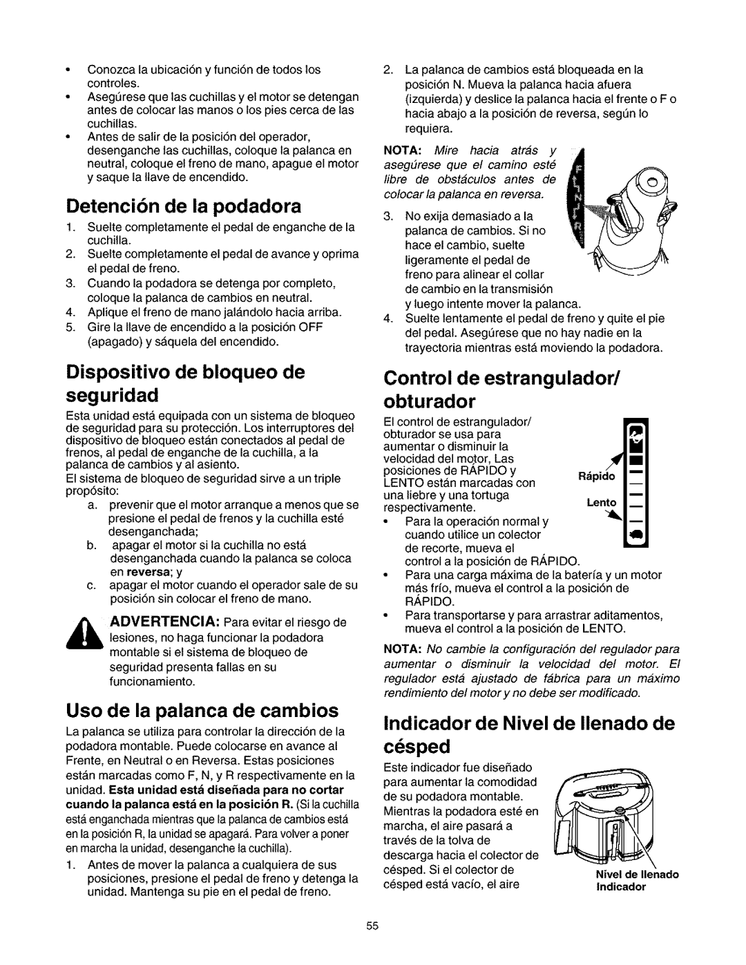 Craftsman 247.27022 manual Detencibn de la podadora, Indicador de Nivel de Ilenado de, Sped 