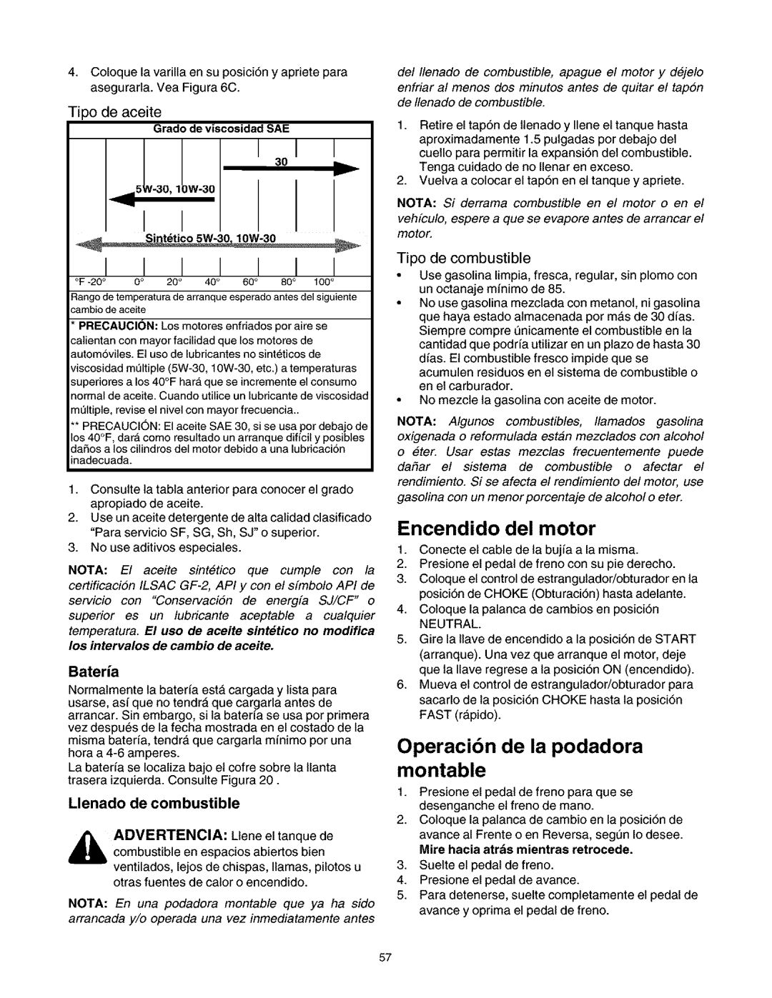 Craftsman 247.27022 manual Encendido del motor, Operacibn de la podadora montable, Bateria, Llenado de combustible 