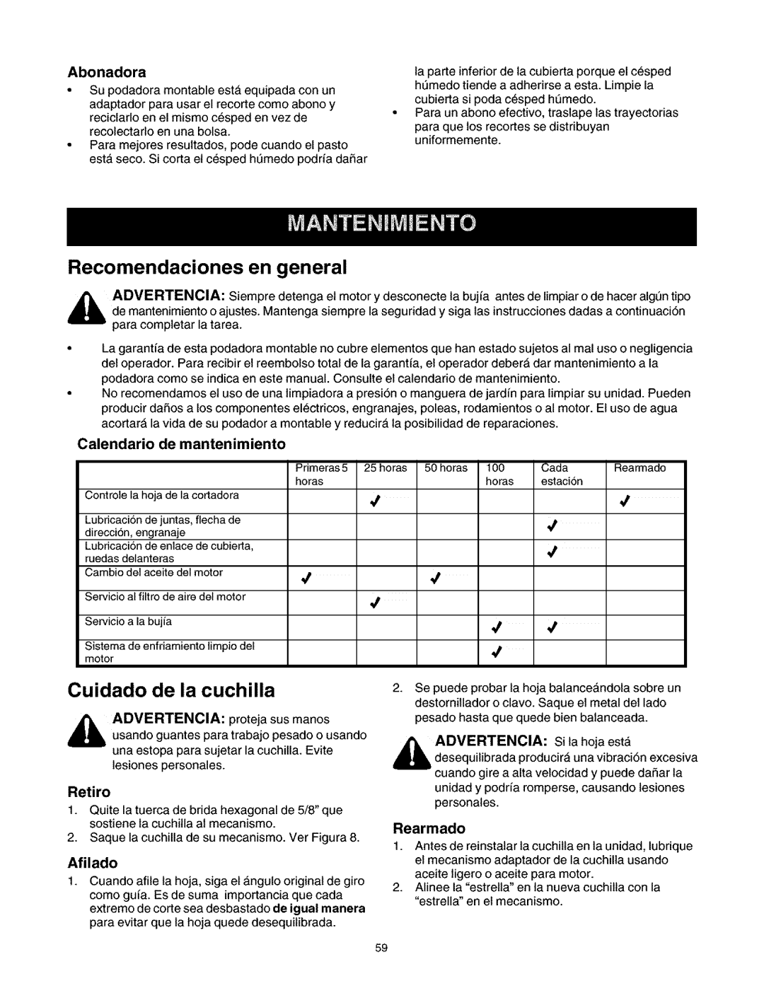 Craftsman 247.27022 manual Recomendaciones en general, Cuidado de la cuchilla 