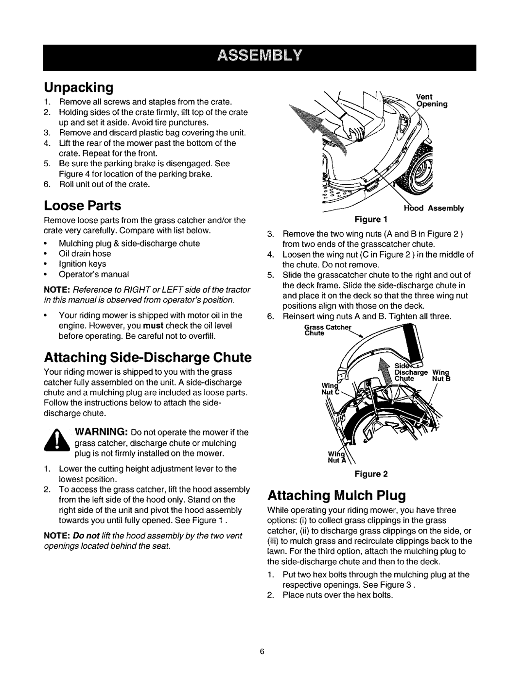 Craftsman 247.27022 manual Unpacking, Loose Parts, Attaching Side-Discharge Chute, Attaching Mulch Plug 