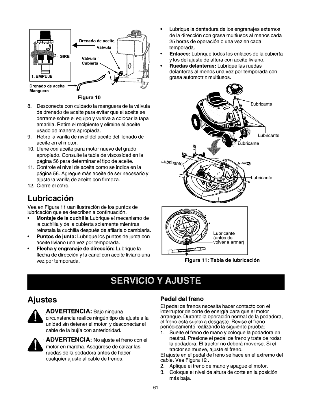 Craftsman 247.27022 manual Lubricacibn, Ajustes, Pedal del freno 