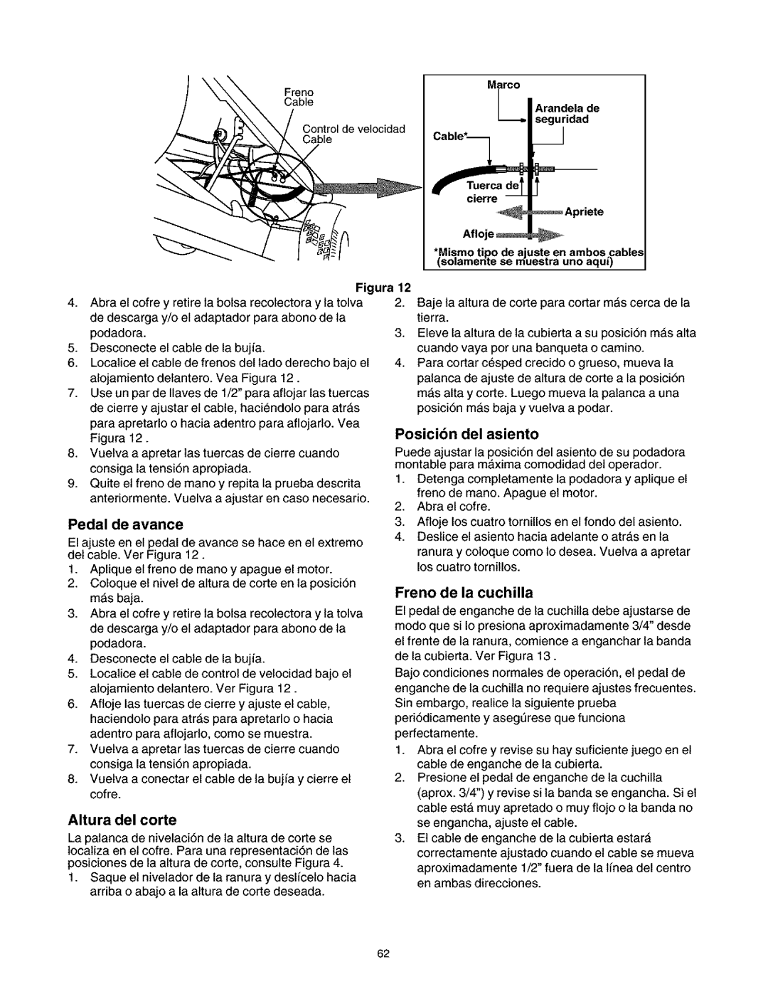 Craftsman 247.27022 manual Freno Cable, Altura del corte, Posicibn del asiento 