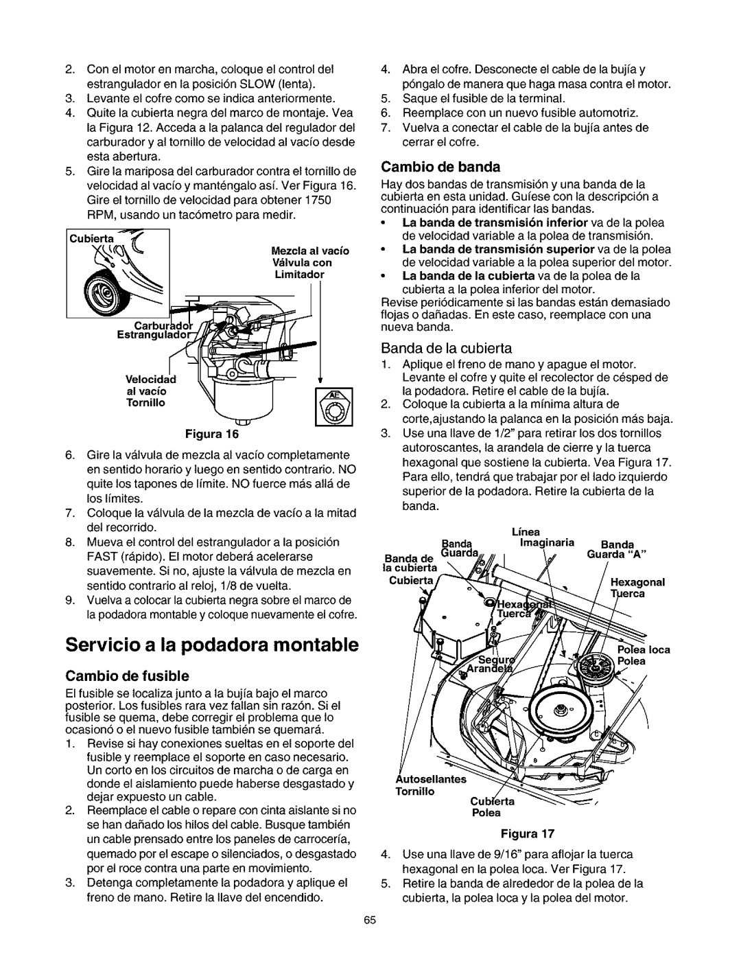 Craftsman 247.27022 manual Servicio a la podadora montable, Cambio de banda, Tornilo 