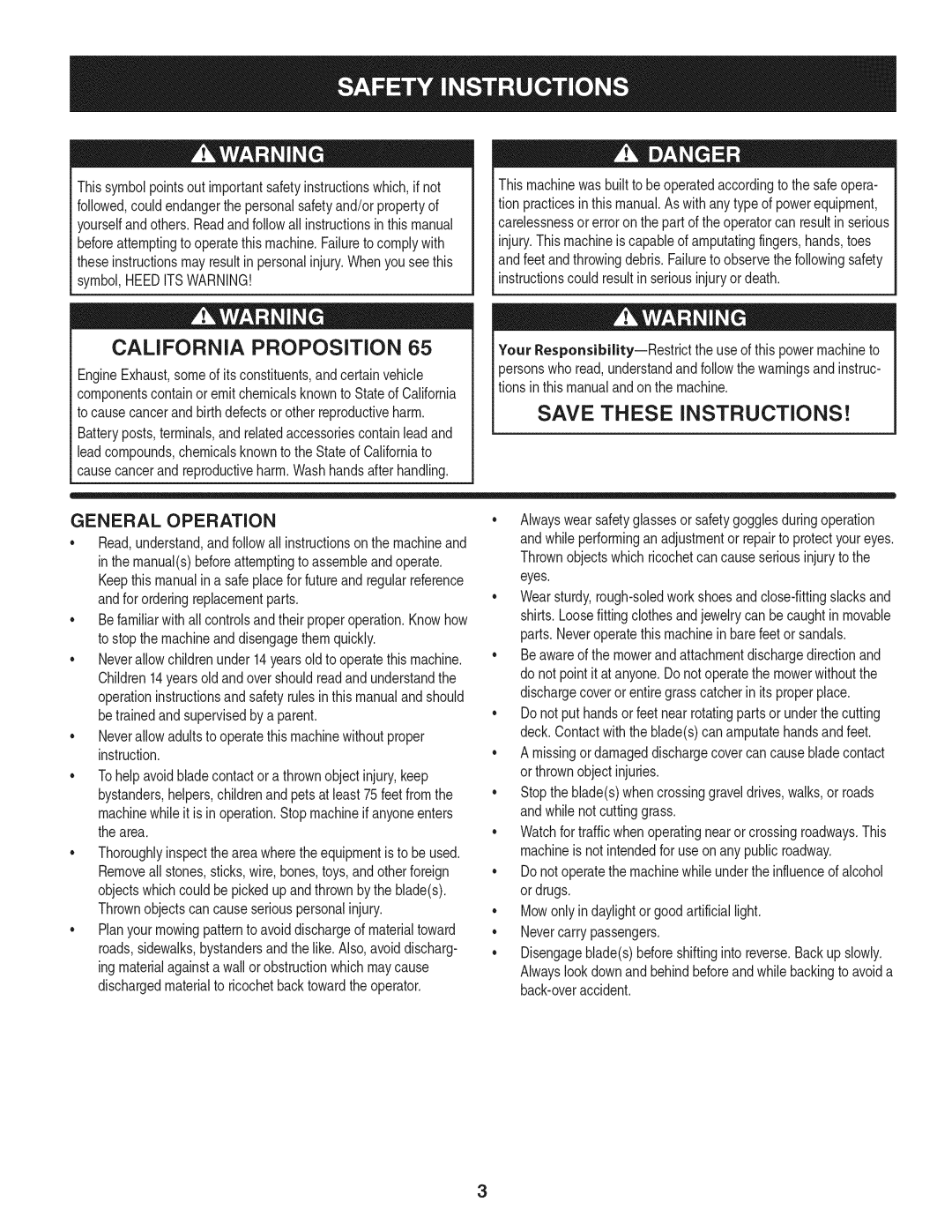 Craftsman 247.28901 manual California Proposition, General Operation 