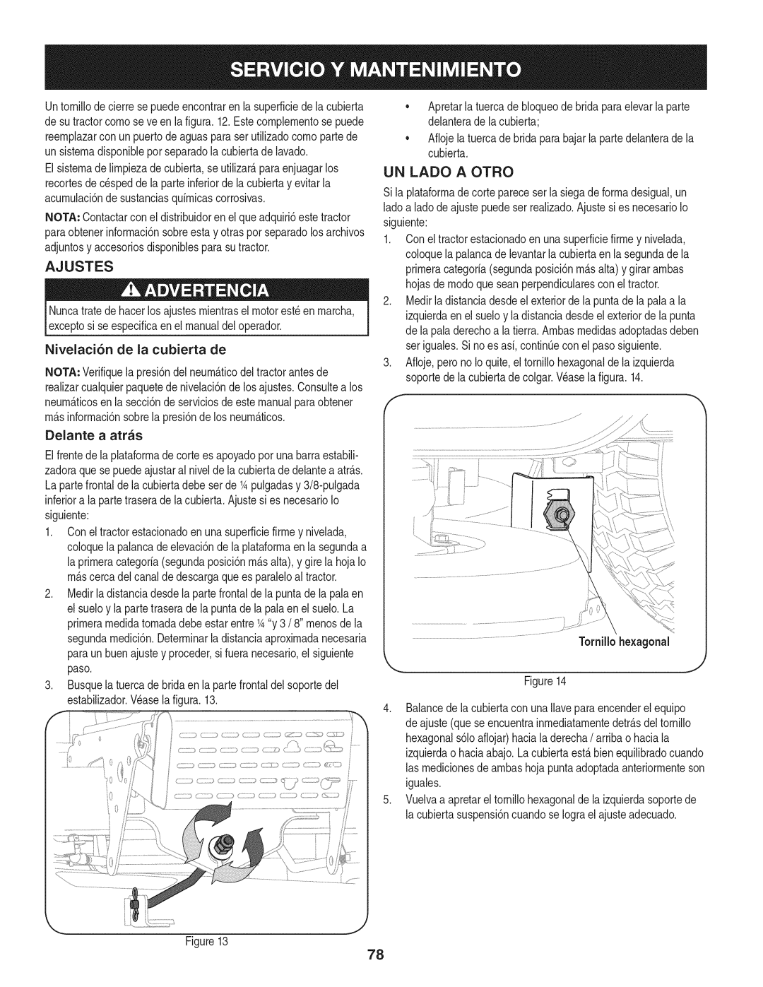 Craftsman 247.28901 manual Ajustes, UN Lado a Otro, Tornillohexagonal 