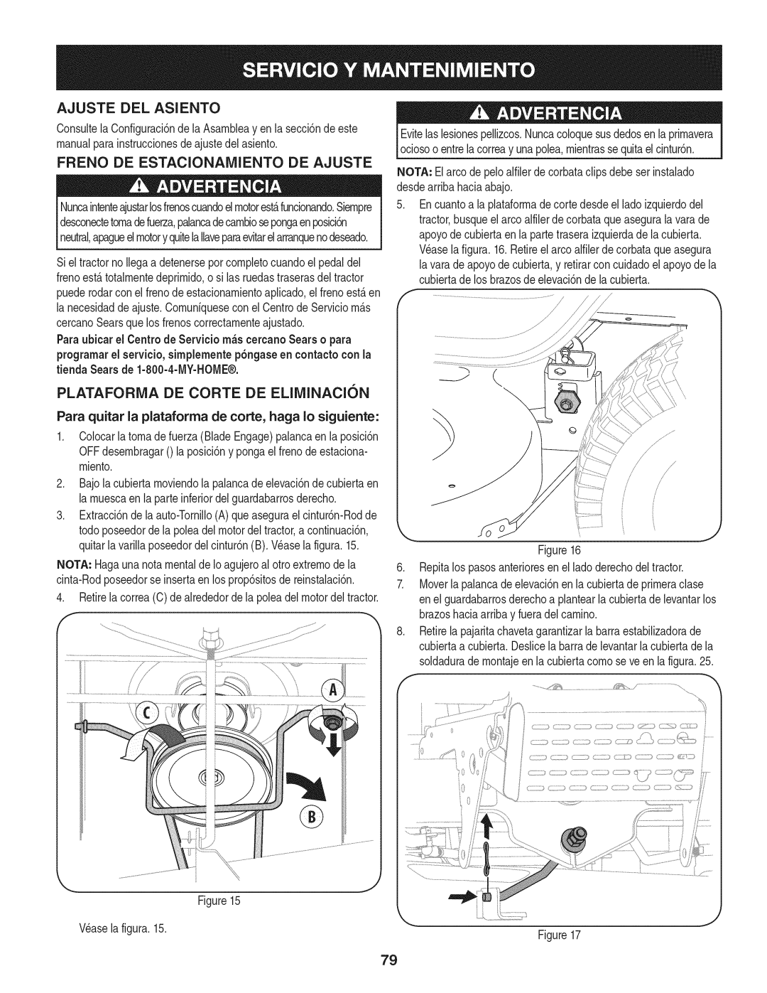 Craftsman 247.28901 manual Ajuste DEL Asiento, Freno DE Estacionamiento DE Ajuste, Plataforivia DE Corte DE ELIMINAClON 