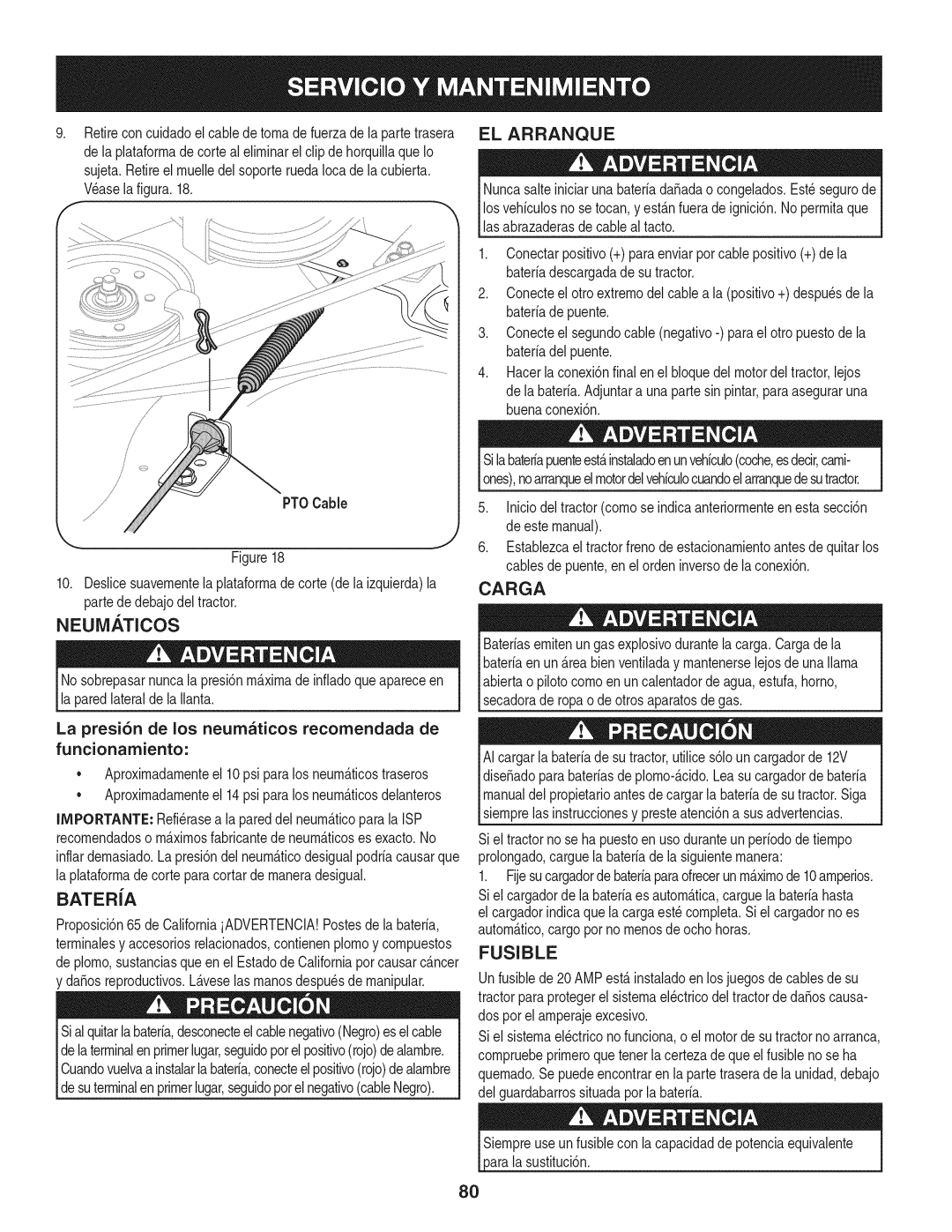 Craftsman 247.28901 manual EL Arranque, Carga NEUM.TICOS, Batera, Fusible, Sustituci6n 