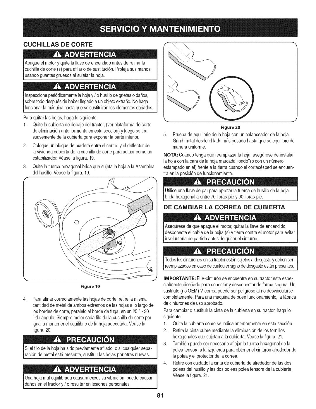 Craftsman 247.28901 manual DE Caivibiar LA Correa DE Cubierta, Paraquitarlas hojas,hagaIo siguiente 