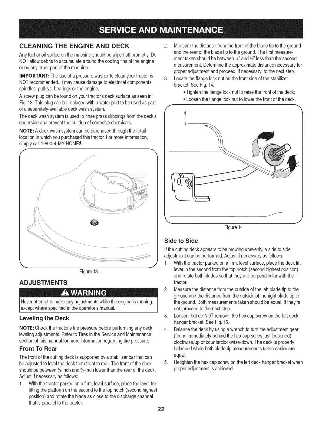 Craftsman 247.28901 manual Cleaning The Engine And Deck, Adjustments, Leveling the Deck 