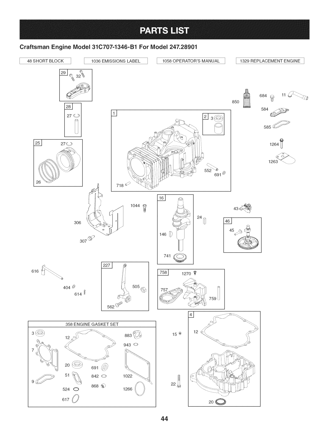 Craftsman 247.28901 manual 2o_ 51_, 146:_i, 1270, 3_12, Craftsman Engine Model 31C707-1346-B1 For Model, _ ,h:_!> 