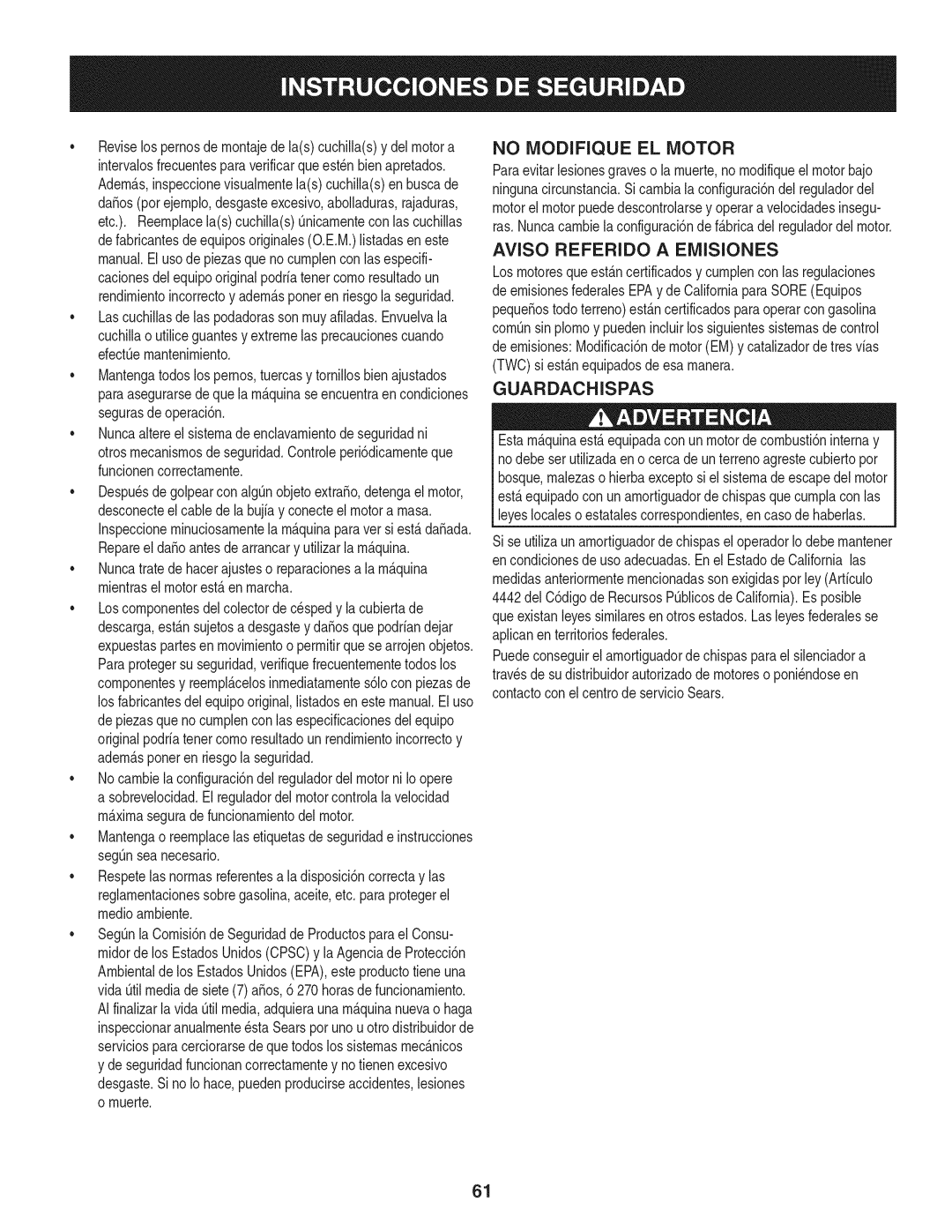 Craftsman 247.28901 manual No Modifique El Motor, Aviso Referido A Emisiones, Guardachispas 
