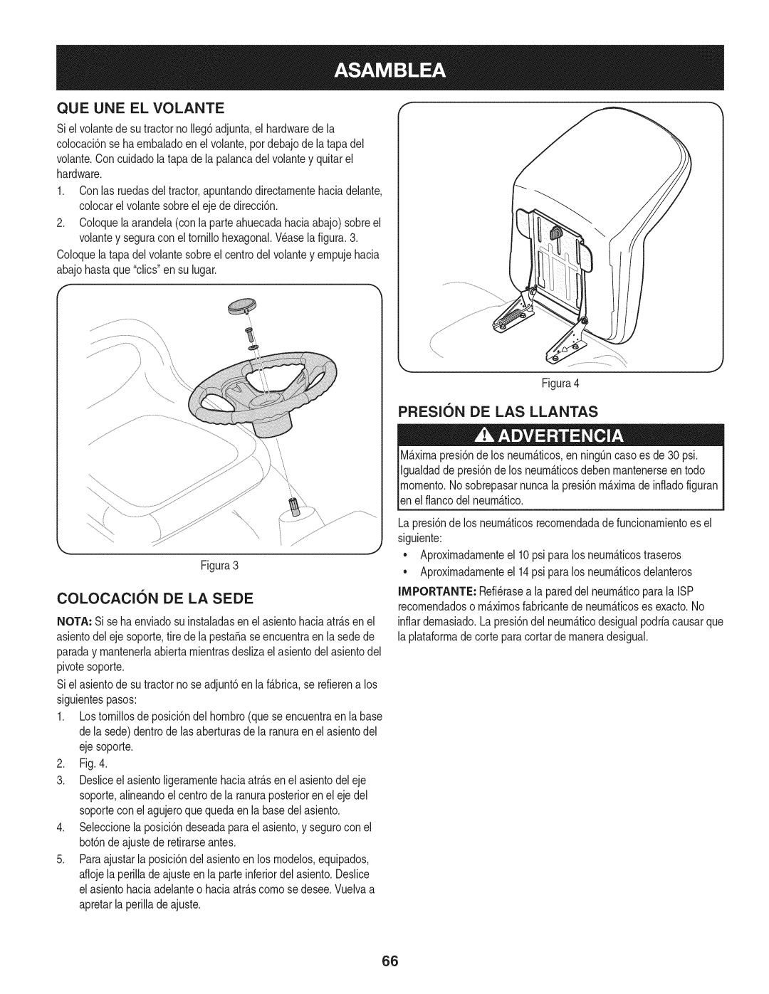 Craftsman 247.28901 manual Que Une El Volante, PRESlON DE LAS LLANTAS, Colocacion De La Sede 