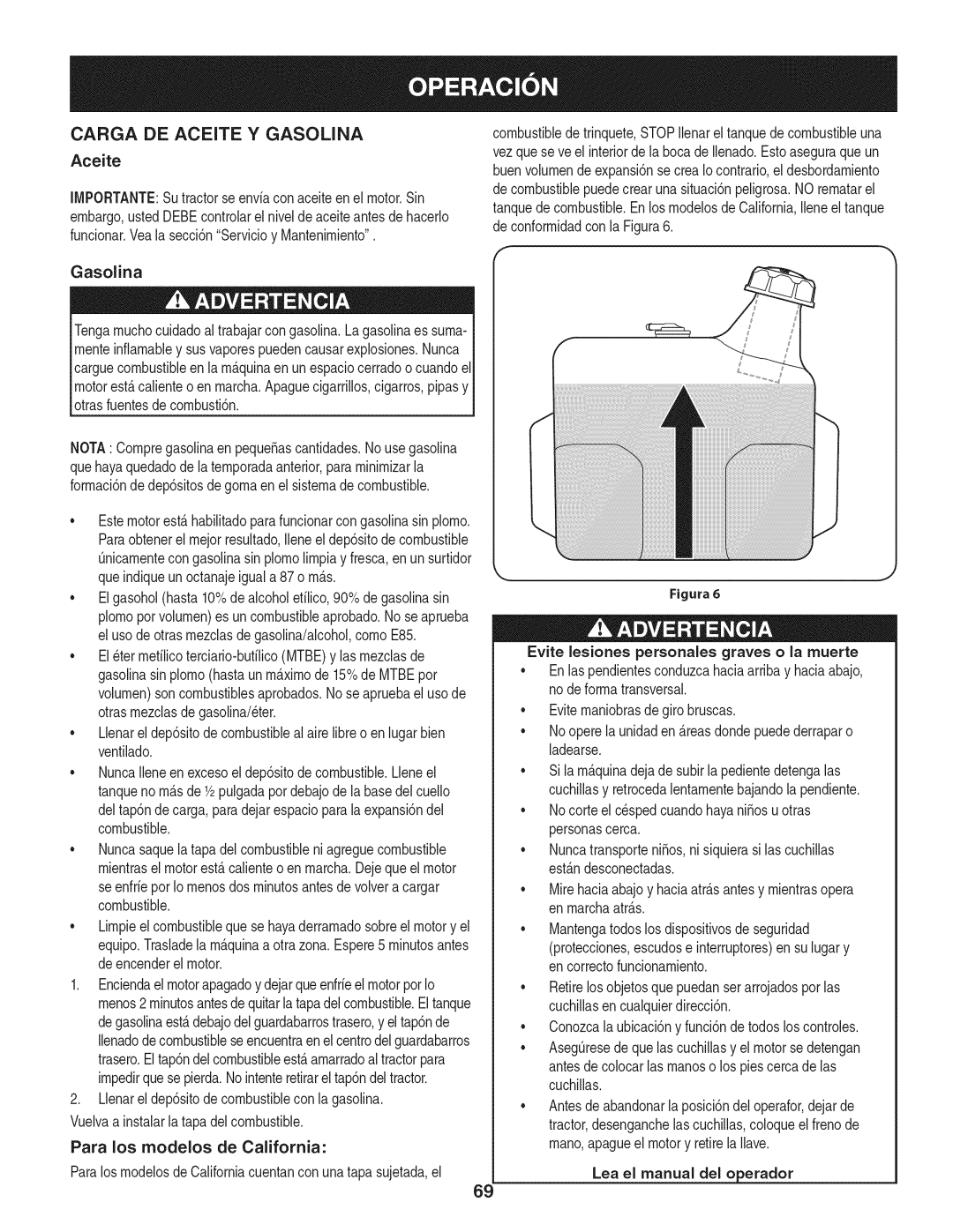 Craftsman 247.28901 manual CARGA DE ACEITE Y GASOLINA Aceite, Gasolina 