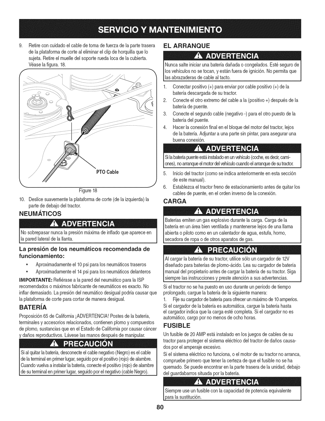 Craftsman 247.28901 manual El Arranque, Carga, Neum. Ticos, Batera, Fusible 