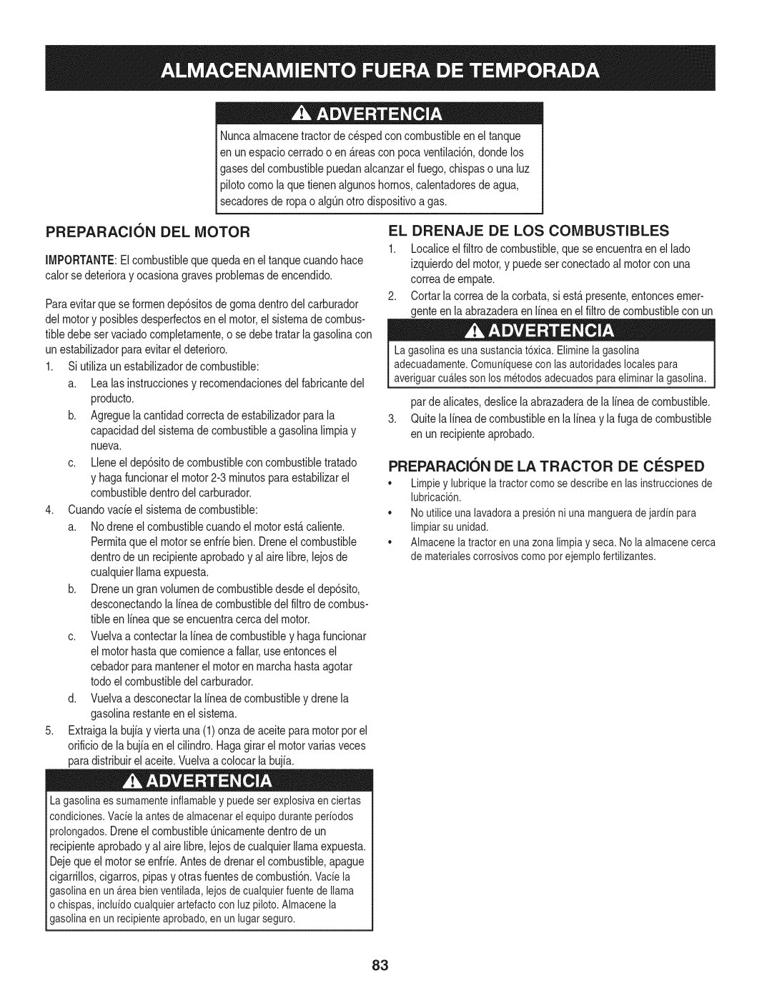 Craftsman 247.28901 manual PREPARACI6N DEL MOTOR, El Drenaje De Los Combustibles, PREPARACI6N DE LA TRACTOR DE CESPED 