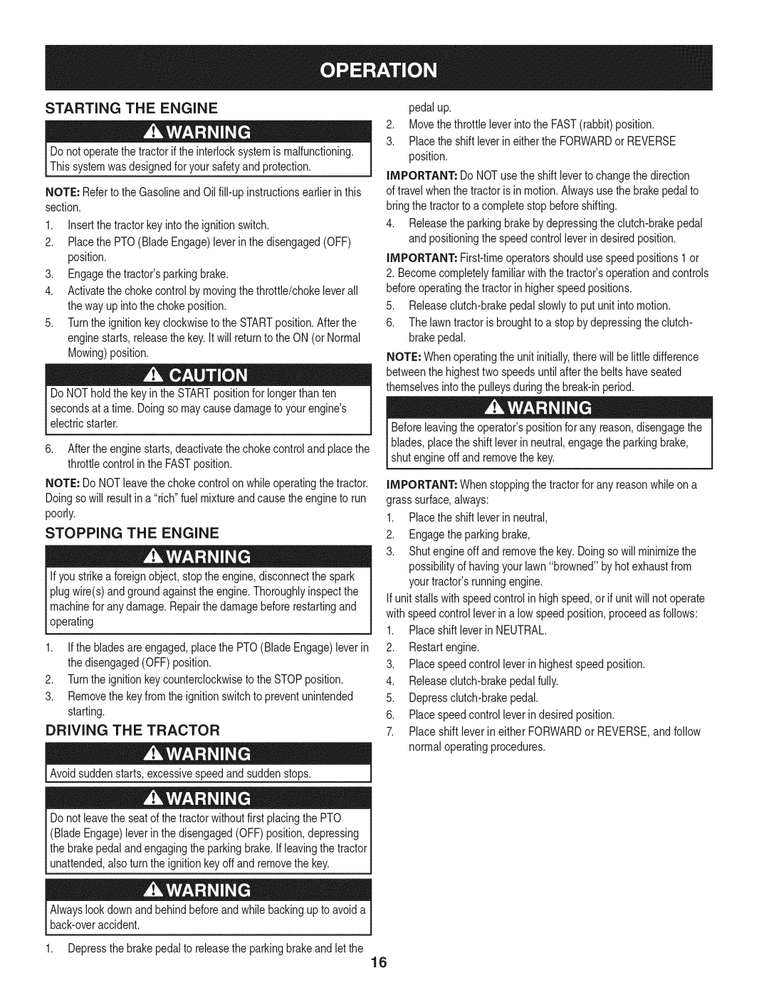 Craftsman 247.28902 manual Starting the Engine, Stopping the Engine, Driving the Tractor 