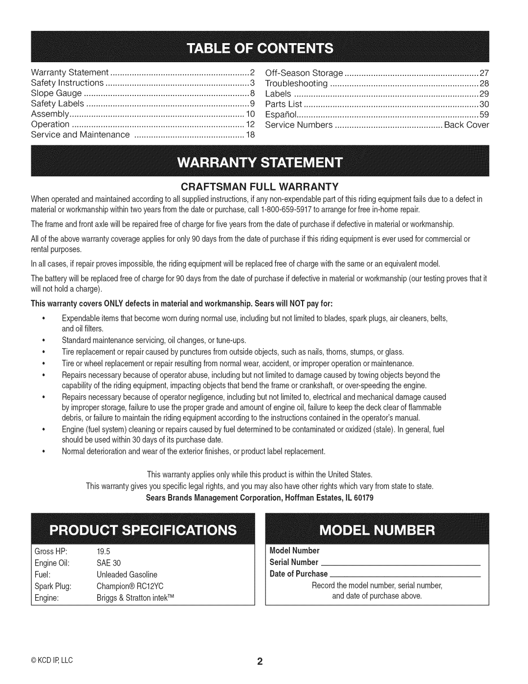 Craftsman 247.28902 manual Craftsman Full Warranty, Off-Season Storage, Back Cover, Serial Number 