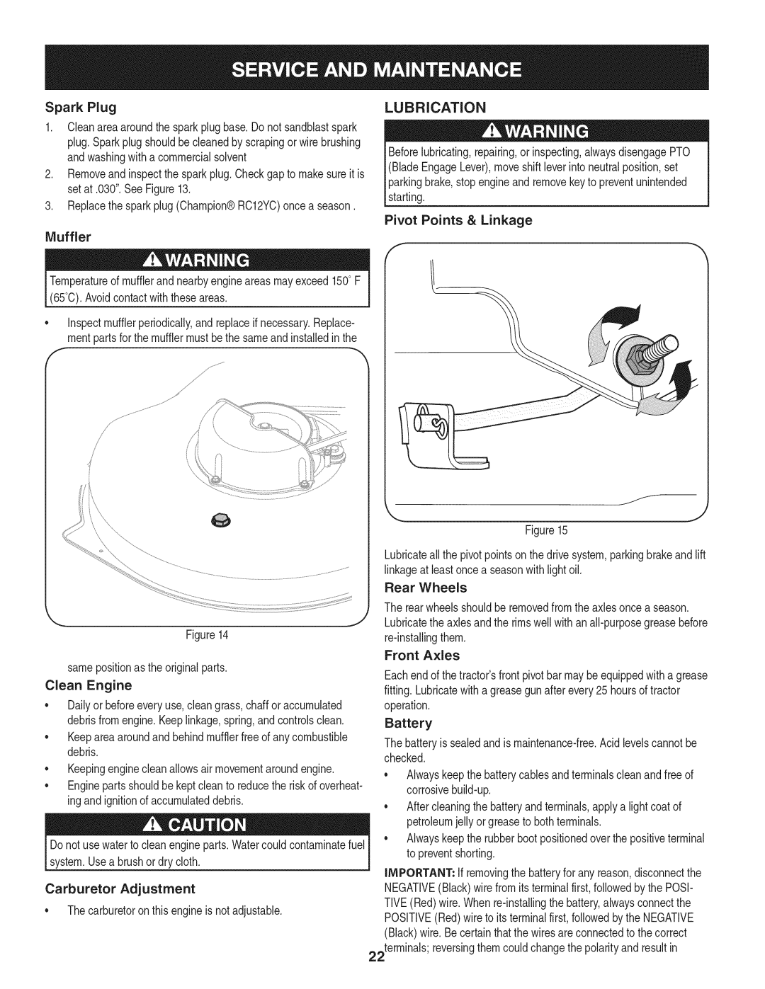 Craftsman 247.28902 manual Lubrication, Muffler, Pivot Points & Linkage, Front Axles 