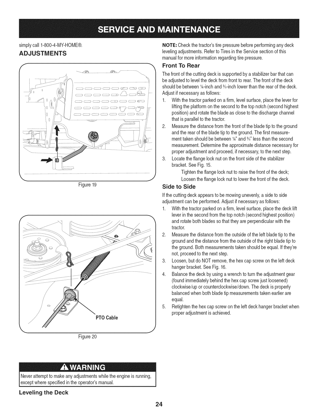 Craftsman 247.28902 manual Adjustments, Leveling the Deck 