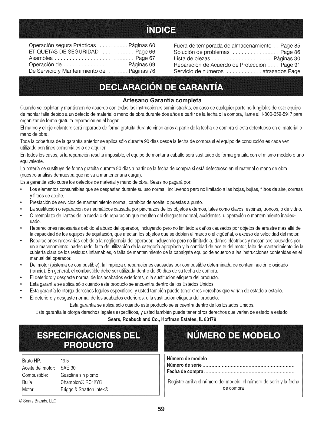 Craftsman 247.28902 manual Operaci6n segura Pr,cticas Paginas, Combustible Gasolinasin plorno Bujia ChampionRC12YC Motor 