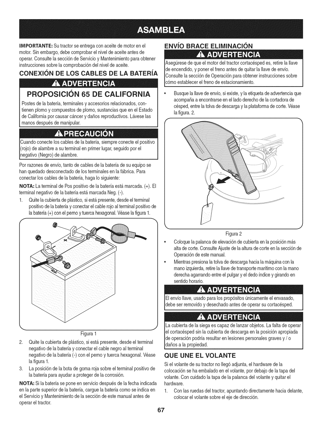 Craftsman 247.28902 manual Conexion DE LOS Cables DE LA Bateria, ENVlO Brace ELllVIINACION, QUE UNE EL Volante 