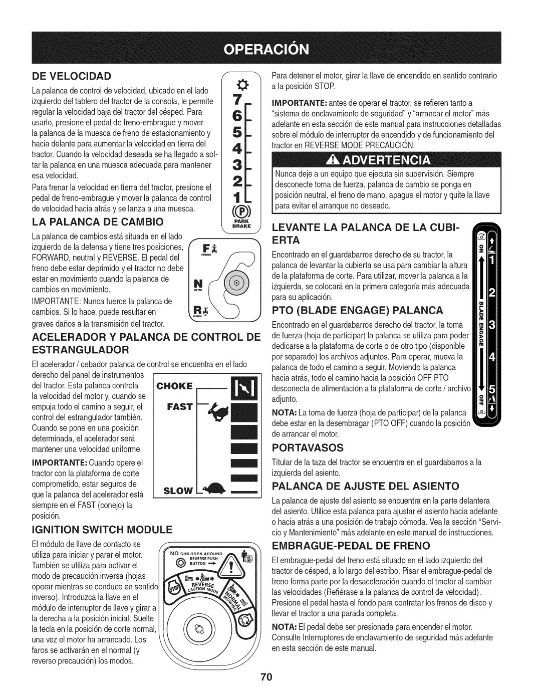 Craftsman 247.28902 manual LA Palanca DE Cambio, Acelerador Y Palanca DE Control DE Estrangulador, PTO Blade Engage Palanca 