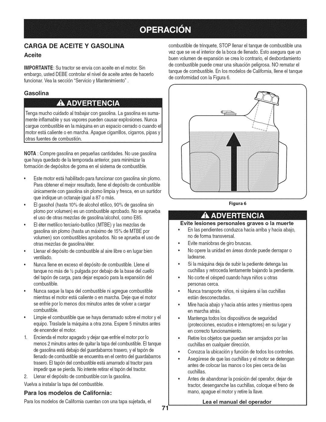 Craftsman 247.28902 Carga DE Aceite Y Gasolina, Lea el manual del o erador 