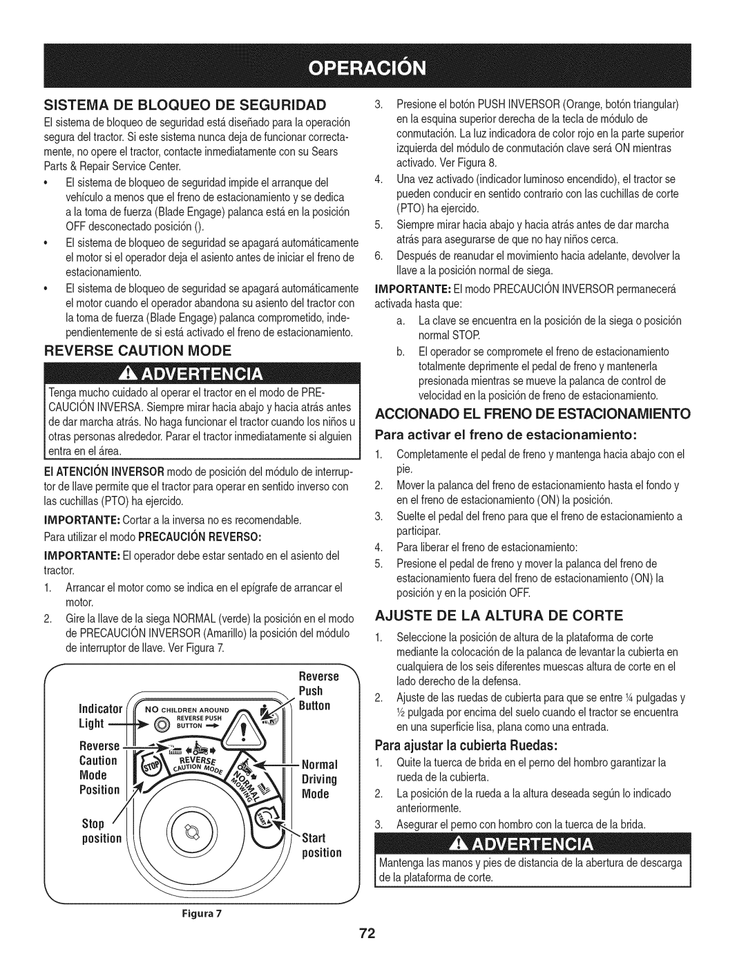 Craftsman 247.28902 Sistema DE Bloqueo DE Seguridad, Accionado EL Freno DE Estacionamiento, Ajuste DE LA Altura DE Corte 