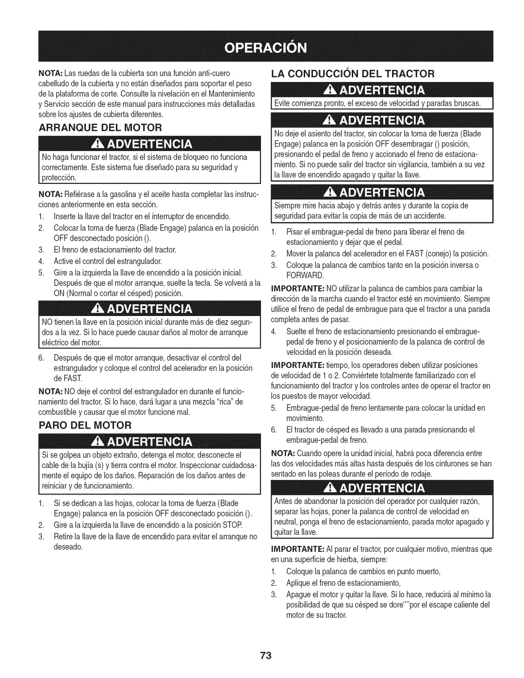 Craftsman 247.28902 manual LA Conduccion DEL Tractor, Arranque DEL Motor, Paro DEL Motor 