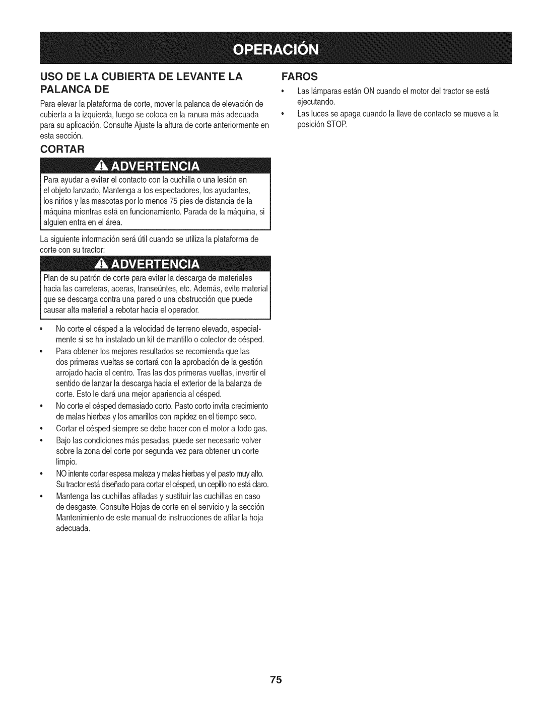 Craftsman 247.28902 manual USO DE LA Cubierta DE Levante LA, Palanca DE, Cortar, Faros 