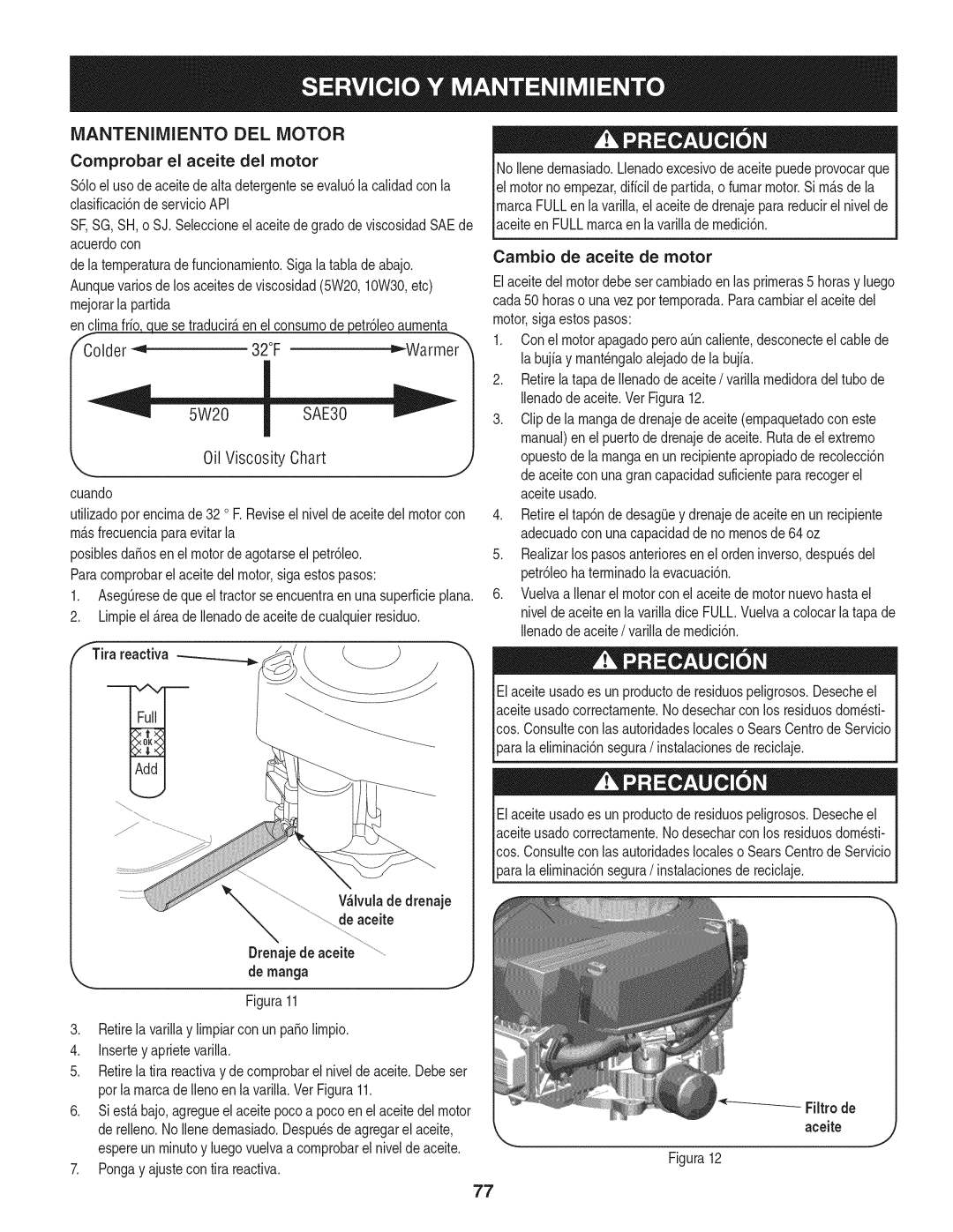 Craftsman 247.28902 manual Mantenimiento DEL Motor, FTira reactiva, Drenajede aceite de rnanga, Filtrode aceite 